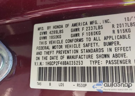 2011 Honda Accord 2.4 Lx-P из США, поврежденный, VIN 1HGCP2F48BA035253